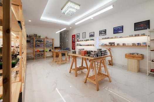 Spacious and stylish model store interior featuring diecast kits in Phnom Penh, Cambodia.